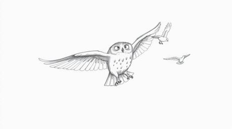 A charming, hand-drawn sketch in the style of Pixar depicts a blind owl in mid-flight, teaching birds how to fly.  Rendered w