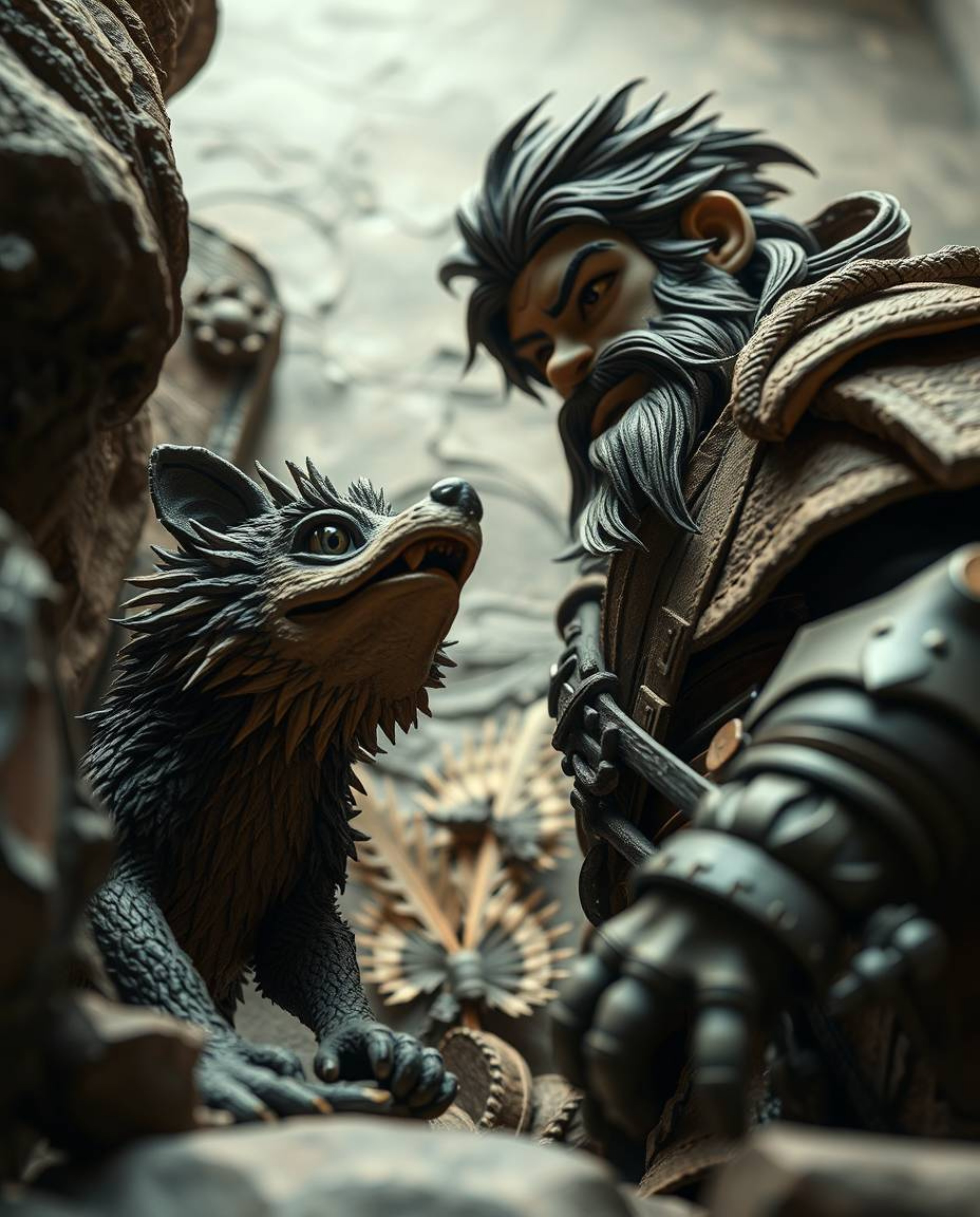 Explore a unique low-angle perspective of a textured papier-mâché scene featuring a strong hero with weathered features and a