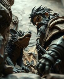 Explore a unique low-angle perspective of a textured papier-mâché scene featuring a strong hero with weathered features and a
