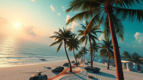 Experience a breathtaking high-angle perspective of a futuristic sci-fi tropical beach at sunset. Swaying palm trees blend se