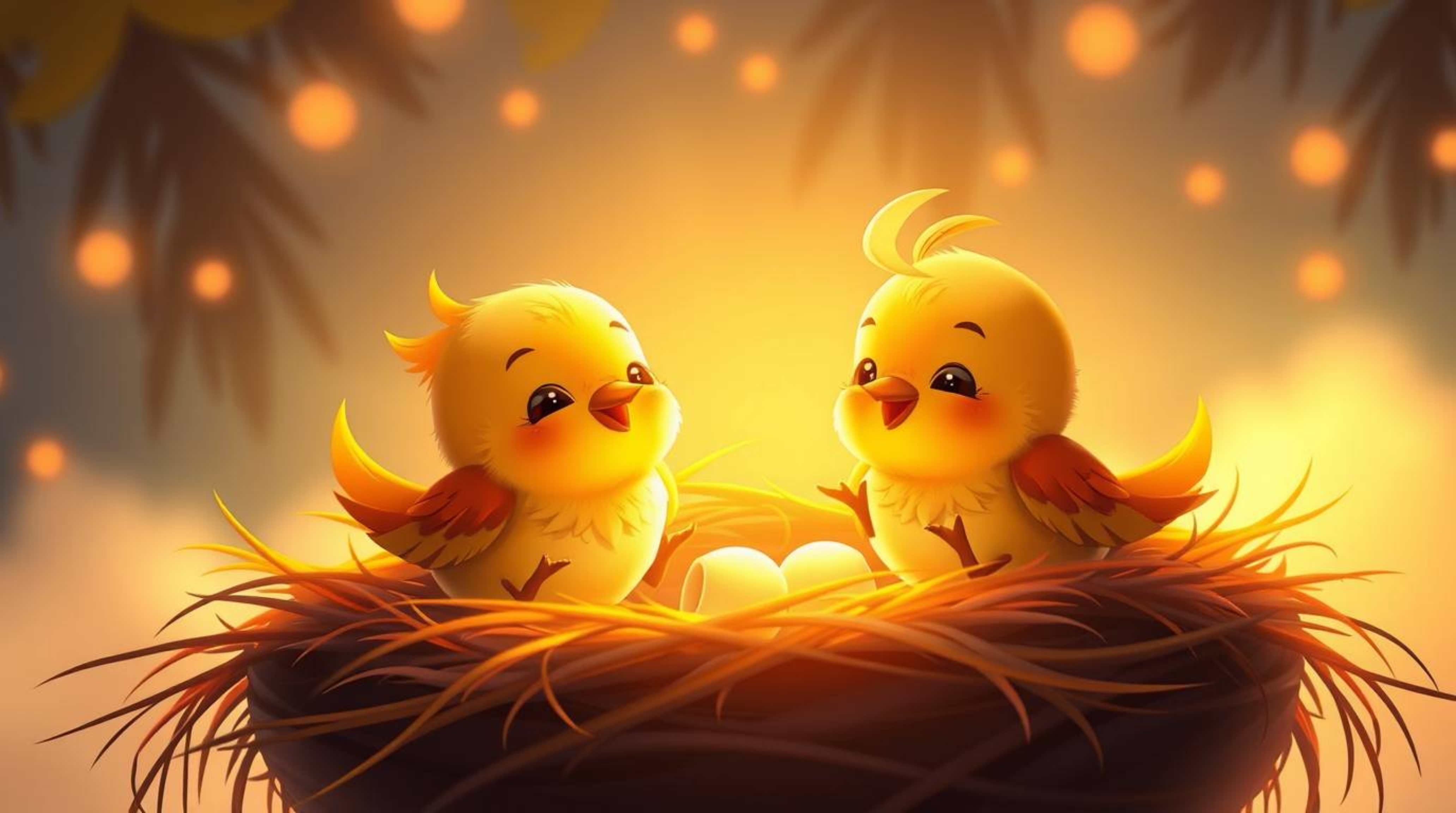 Delightful animation featuring two adorable cartoon birds constructing a nest. Rendered in a classic animation style with a
