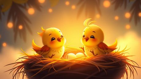 Delightful animation featuring two adorable cartoon birds constructing a nest. Rendered in a classic animation style with a