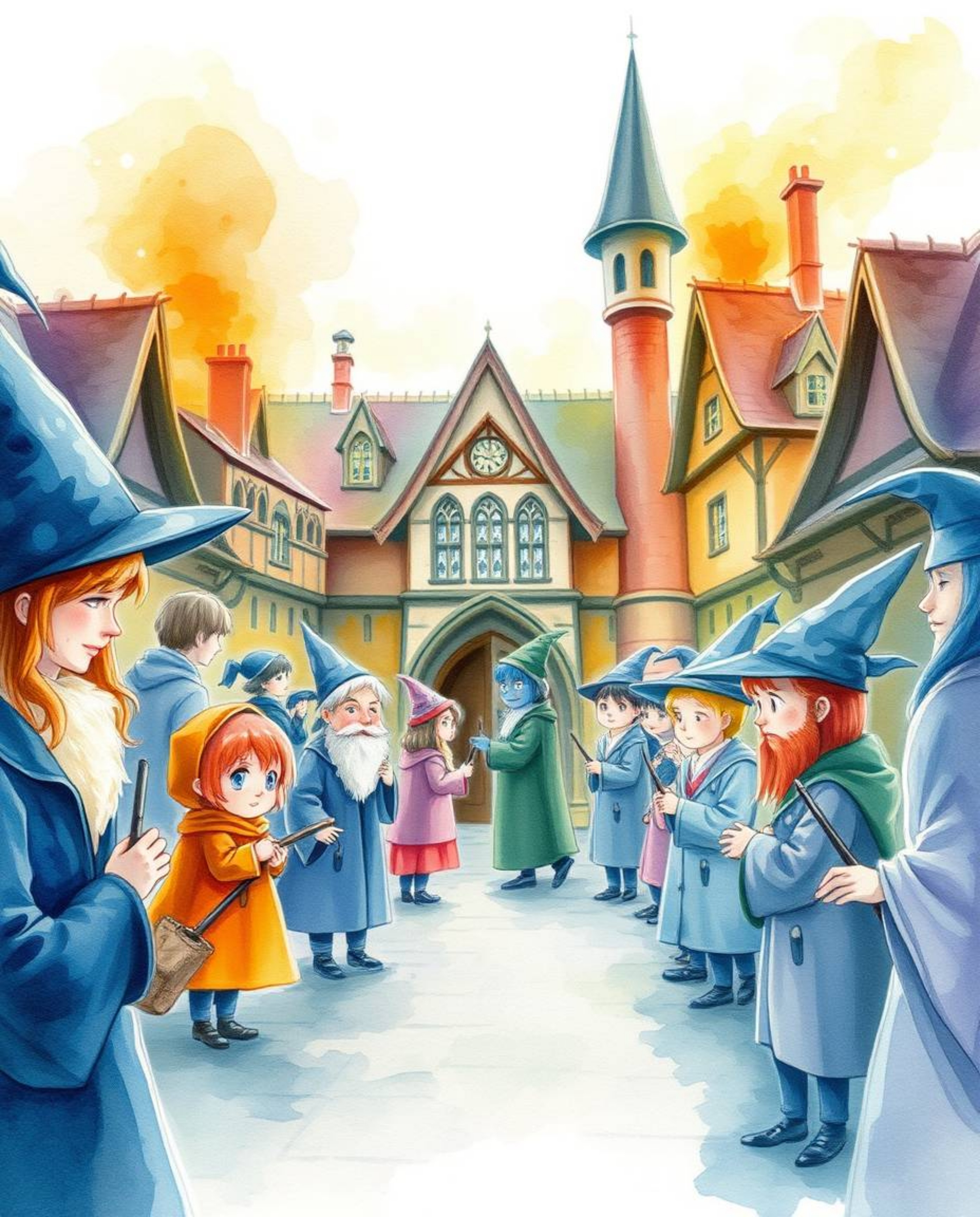 Immerse yourself in a delicate watercolor painting depicting a magical school bustling with young wizards. The artwork featur