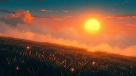 A captivating high-angle, Isekai anime-style depiction of a tranquil meadow bathed in the warm glow of a setting sun.  Thick 