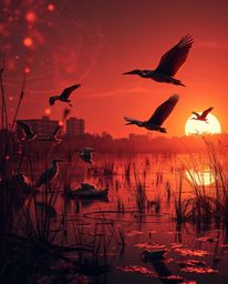A surreal and creative piece of light art depicting a golden hour wetlands scene with herons in flight. This work utilizes ar