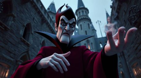 A captivating architectural photograph showcases a classic Disney villain with striking features, casting a spell within an a