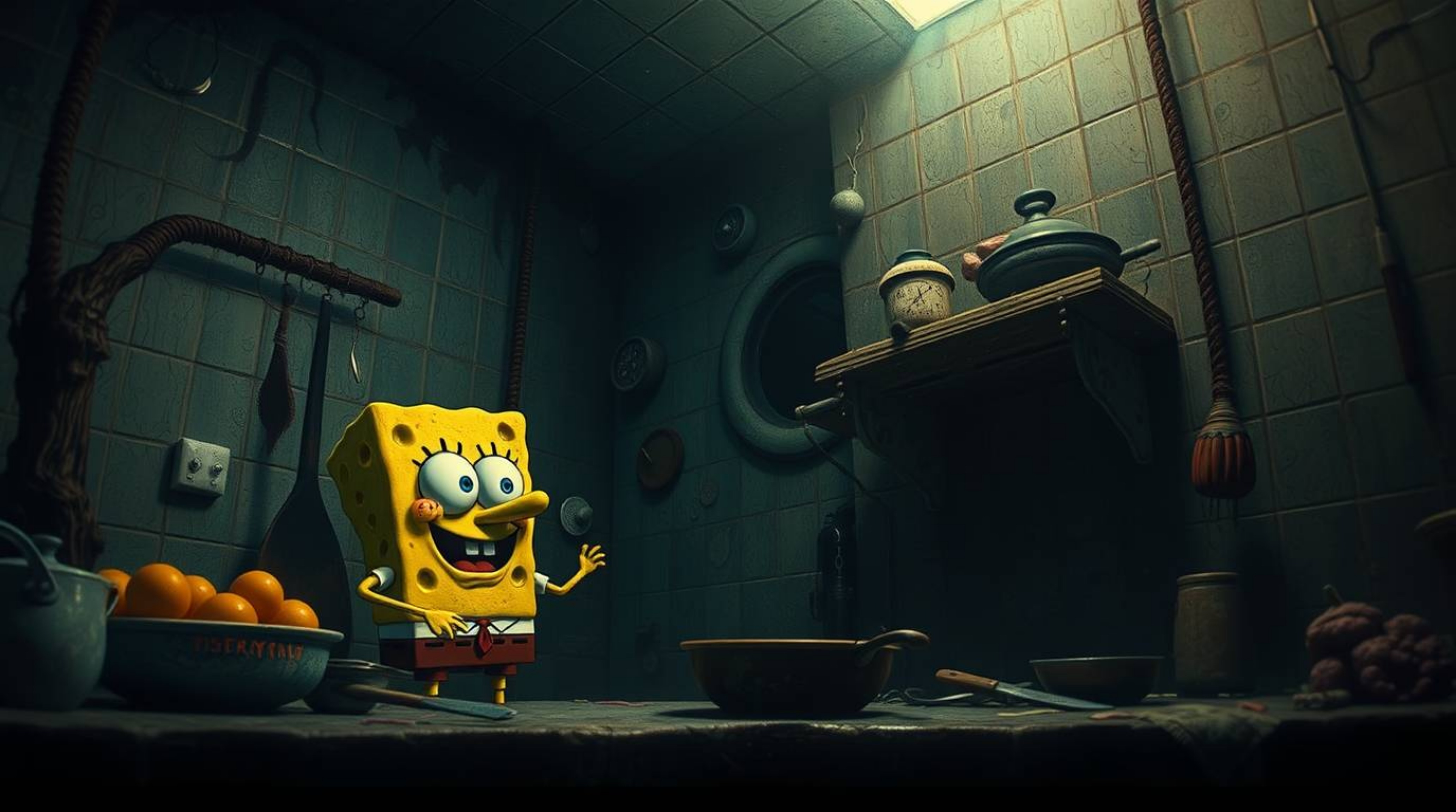 Discover a disturbingly beautiful underwater scene featuring a sponge character cooking in an eerie kitchen. Bathed in artist