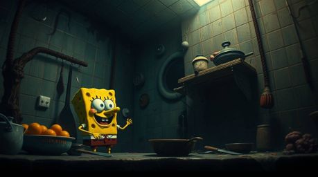 Discover a disturbingly beautiful underwater scene featuring a sponge character cooking in an eerie kitchen. Bathed in artist