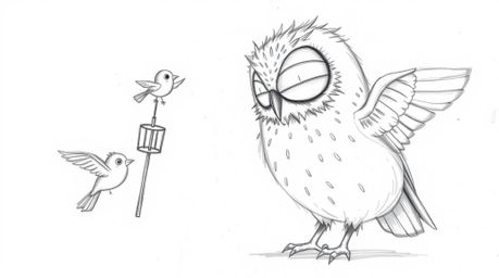 A heartwarming hand-drawn sketch in the style of Pixar depicts a blind owl with a gentle expression, using wind chimes and ma