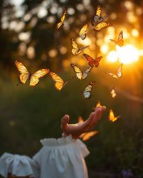 A captivating scene unfolds as a girl releases butterflies into the air during the golden hour. The butterflies and the surro