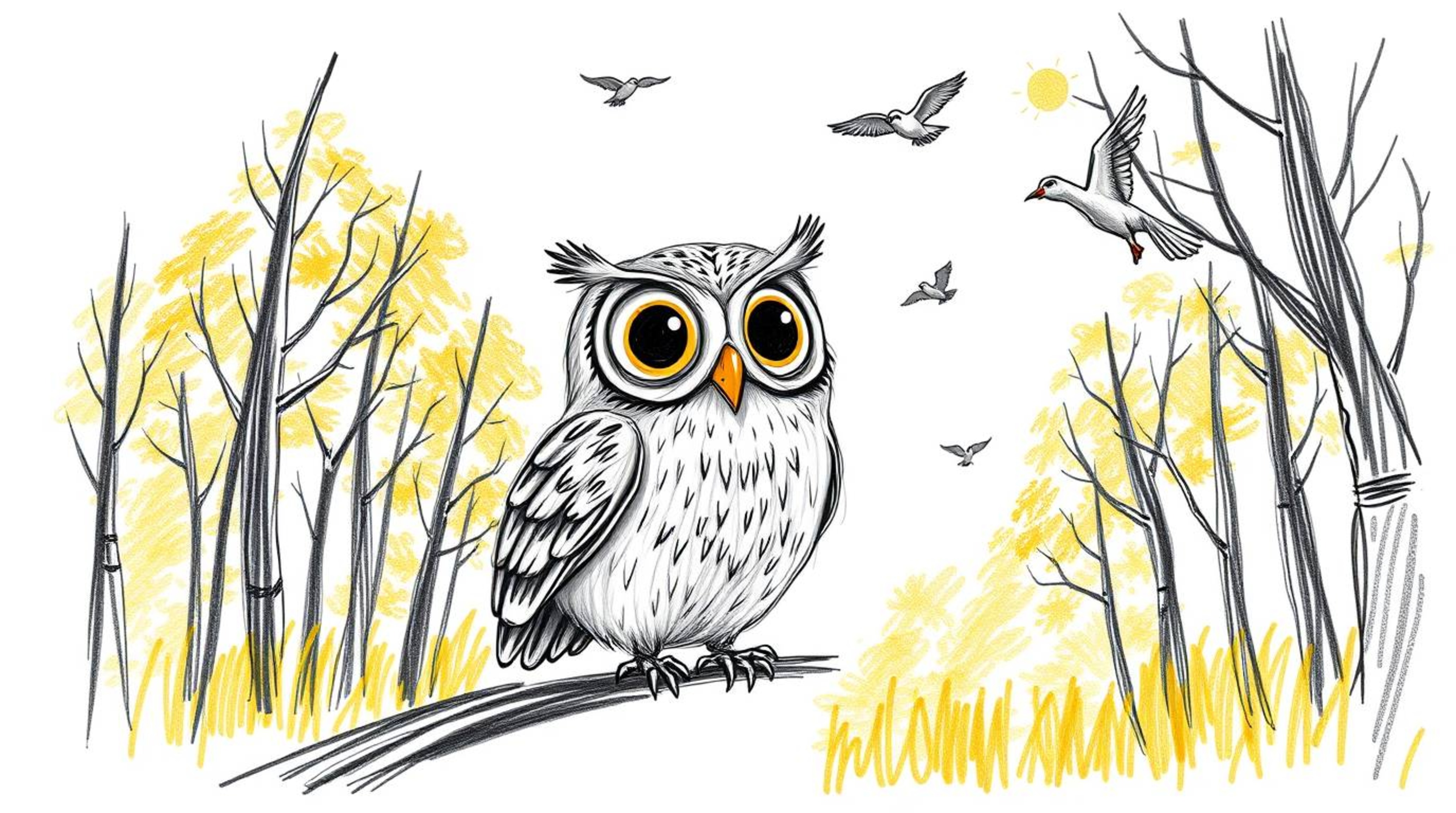 A whimsical hand-drawn sketch in the style of Pixar, depicting a blind owl with large, expressive eyes patiently guiding bird