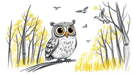 A whimsical hand-drawn sketch in the style of Pixar, depicting a blind owl with large, expressive eyes patiently guiding bird