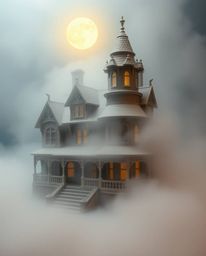 Explore a fog-covered Victorian mansion bathed in moonlight, rendered in a soft, dreamy atmosphere with a sculptural clay art