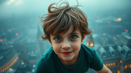 A captivating image of a young boy with tousled hair and bright eyes, soaring above a London cityscape with the aid of shimme