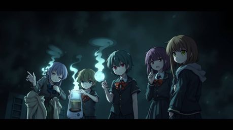 An isekai anime style rendering an eerie and creepy atmosphere, featuring a group of quirky children in school uniforms perfo