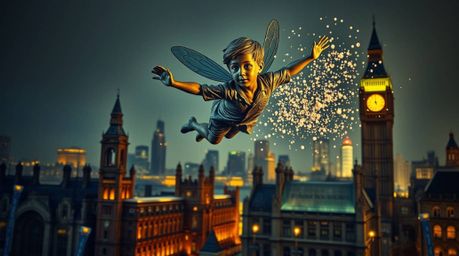 A captivating bronze sculpture depicts a young boy soaring above a stylized London skyline, propelled by shimmering pixie dus