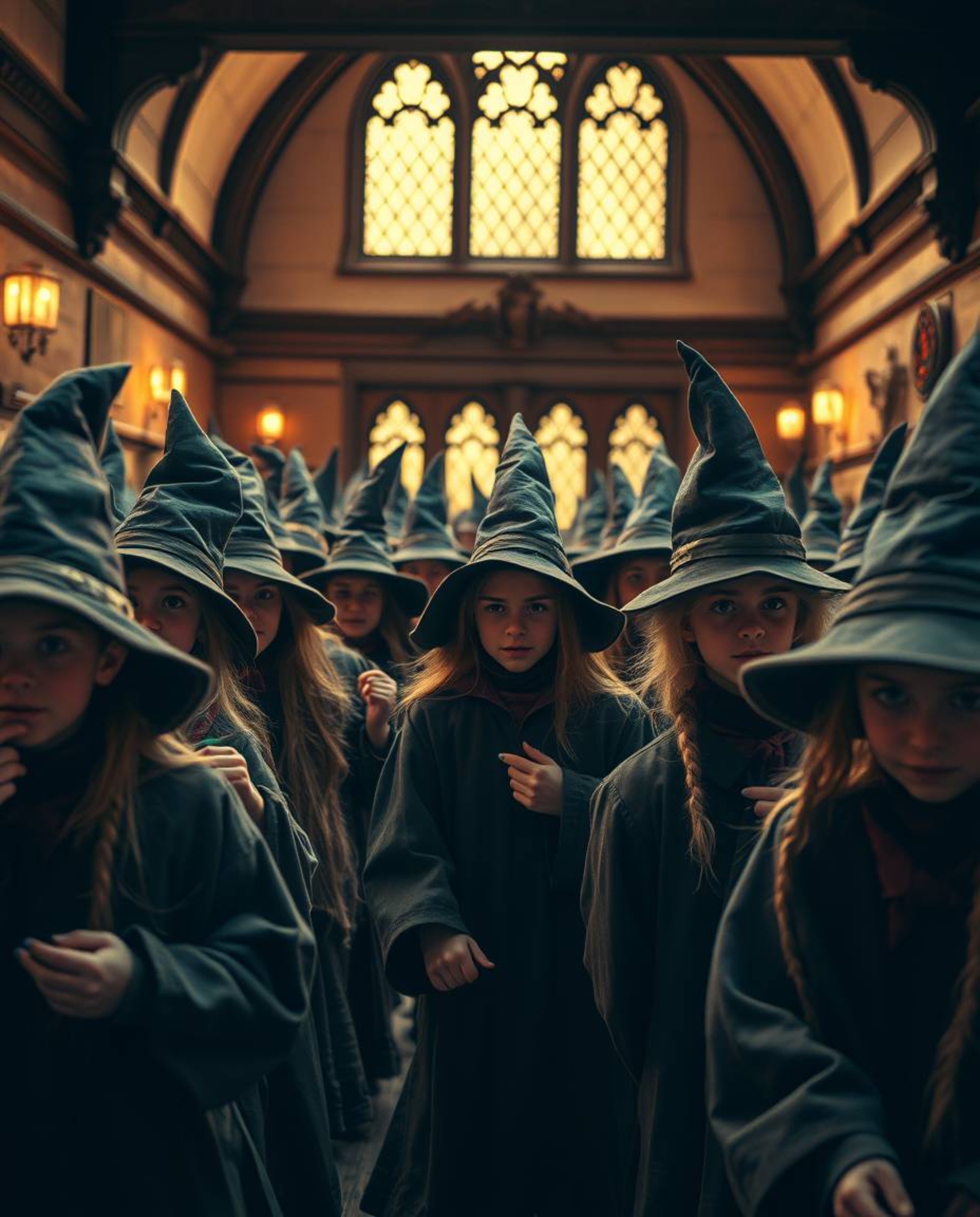 A stunning fine art photograph capturing a magical school bustling with young wizards. The image employs a surreal infrared