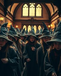 A stunning fine art photograph capturing a magical school bustling with young wizards. The image employs a surreal infrared