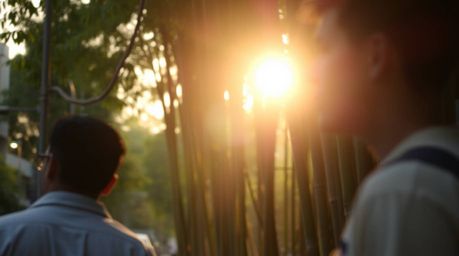 Capture the essence of candid street photography with the gentle embrace of soft light as it illuminates a serene bamboo fore