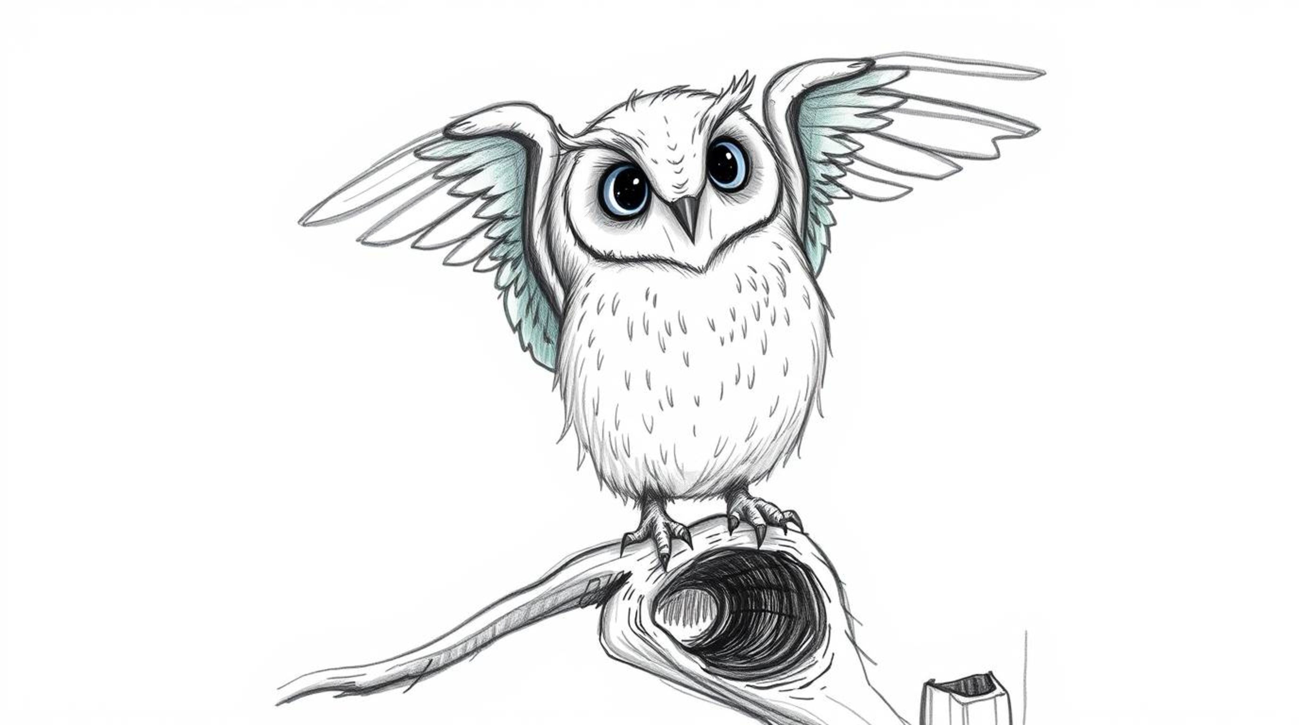A captivating hand-drawn sketch in the style of Pixar depicts a blind owl perched gracefully on a hollow branch, its wings ge