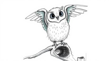 A captivating hand-drawn sketch in the style of Pixar depicts a blind owl perched gracefully on a hollow branch, its wings ge
