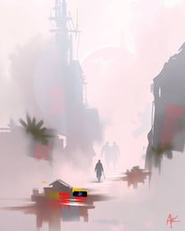 Discover captivating digital art featuring soft pastel colors, misty atmospheres, and abstract shapes with glitch effects.  E