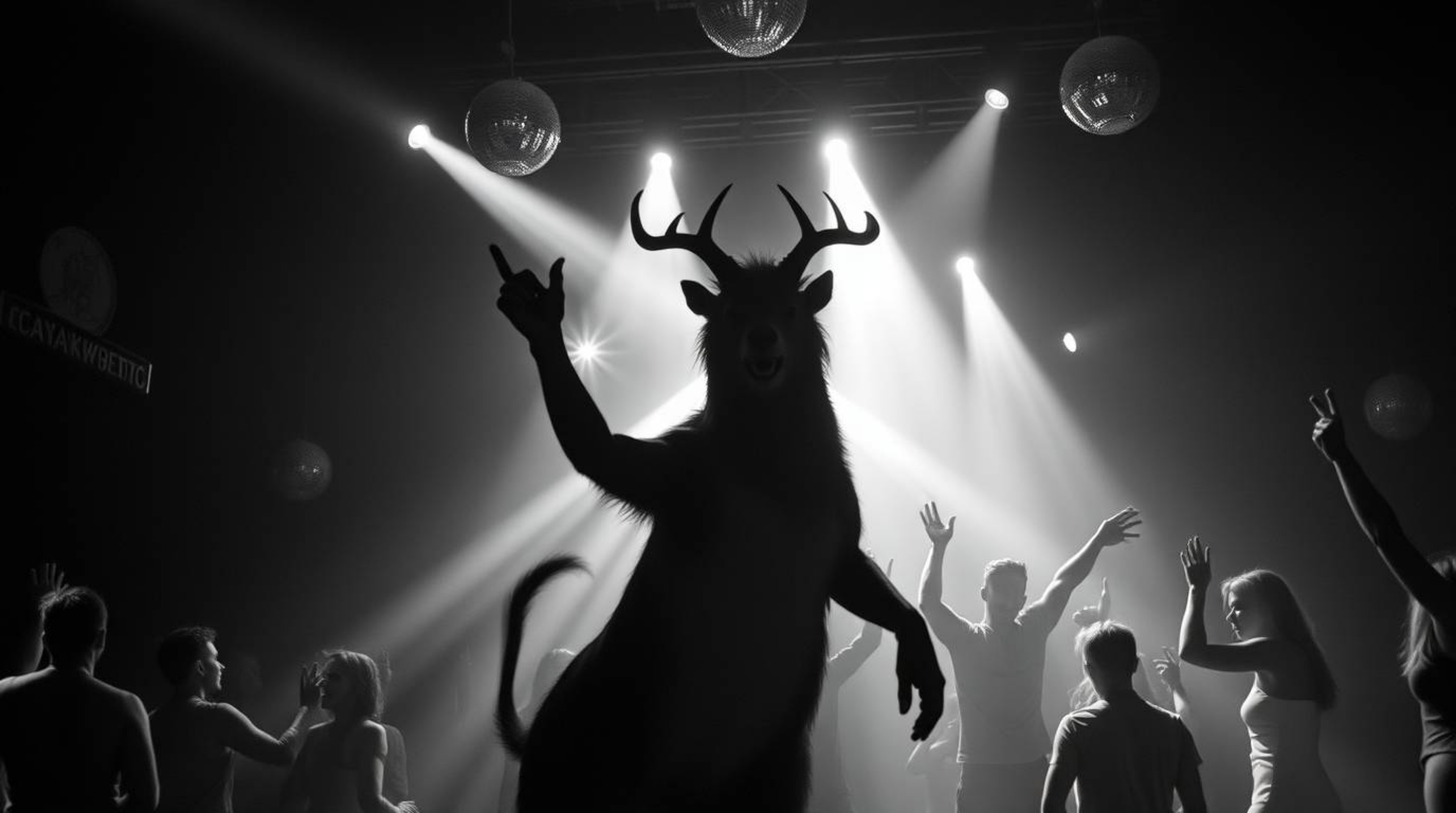 Witness a timeless and elegant spectacle: an epic animal dance party bathed in dramatic disco lights.  This classic black and