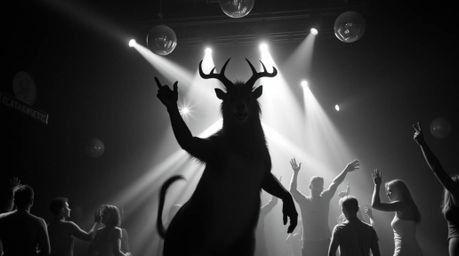 Witness a timeless and elegant spectacle: an epic animal dance party bathed in dramatic disco lights.  This classic black and