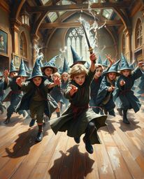 Immerse yourself in the world of young wizards at a magical school, depicted in a classic oil painting style. Experience the 