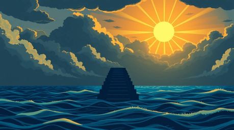This stunning modern illustration features a silhouetted ocean staircase dramatically ascending into a stormy sky illuminated