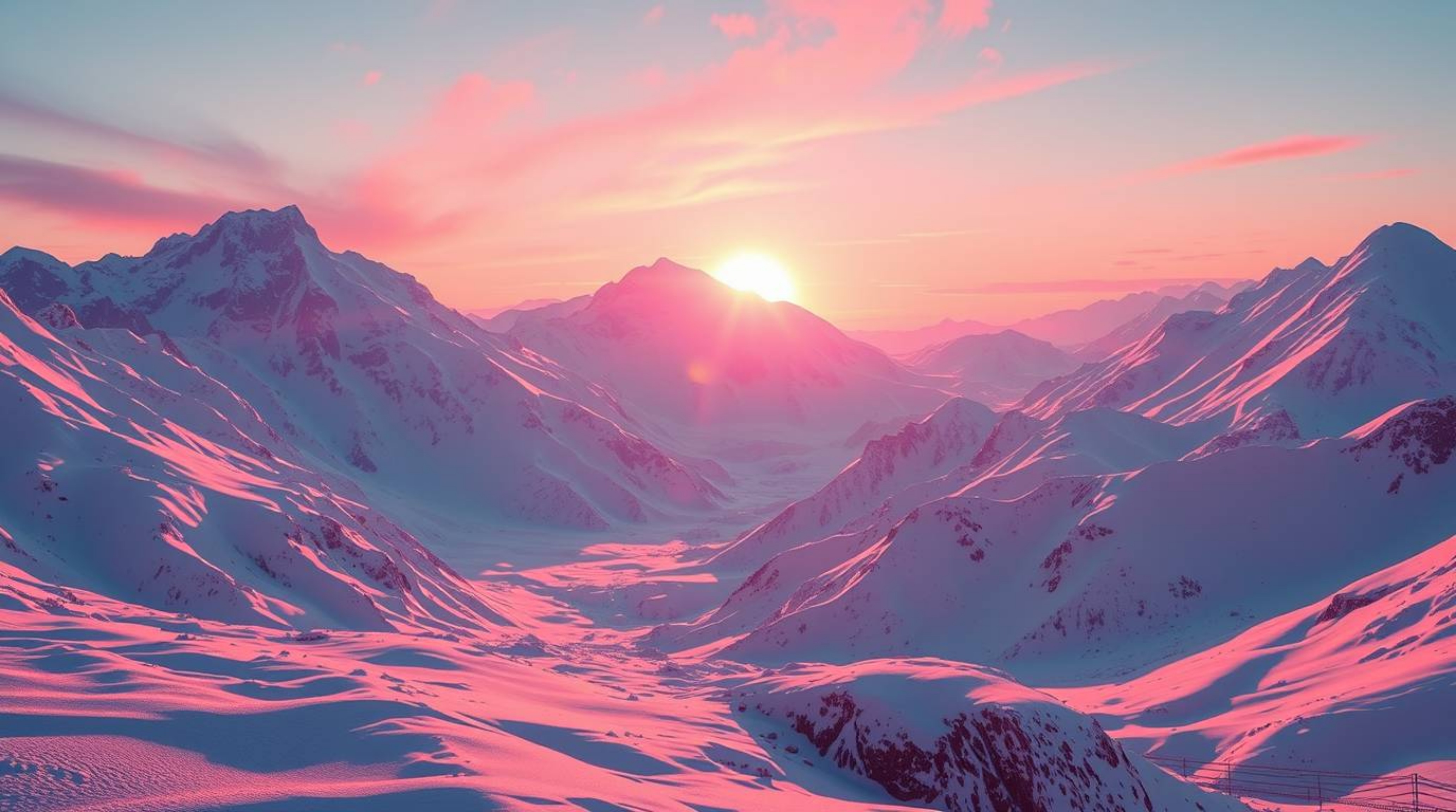 A breathtaking, epic scene of snow-capped mountains bathed in the vibrant glow of a pastel sunset.  This image showcases a mo