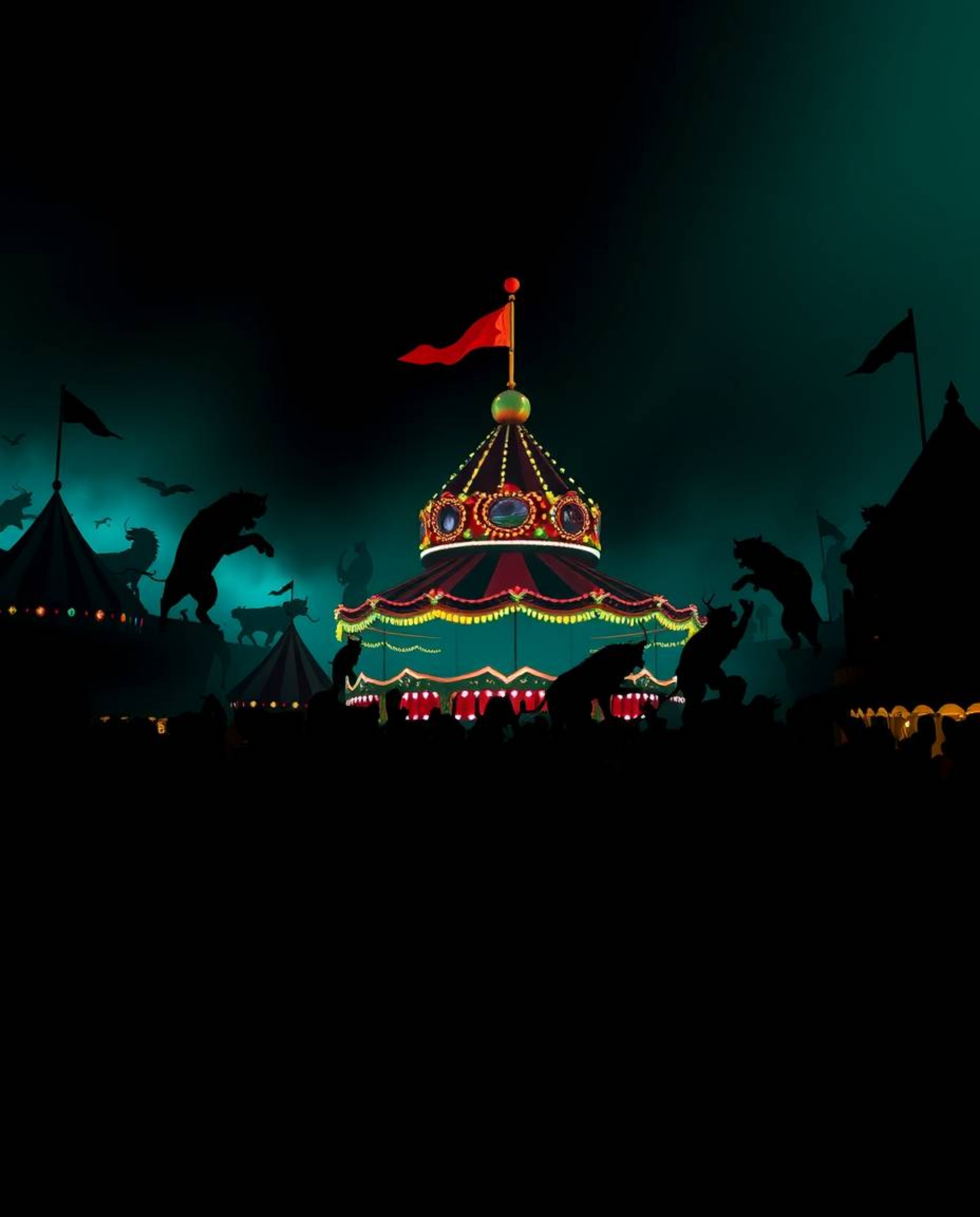 This image depicts a captivating scene of a carnival unexpectedly overrun by wild animals. The use of rich, deep teal tones a