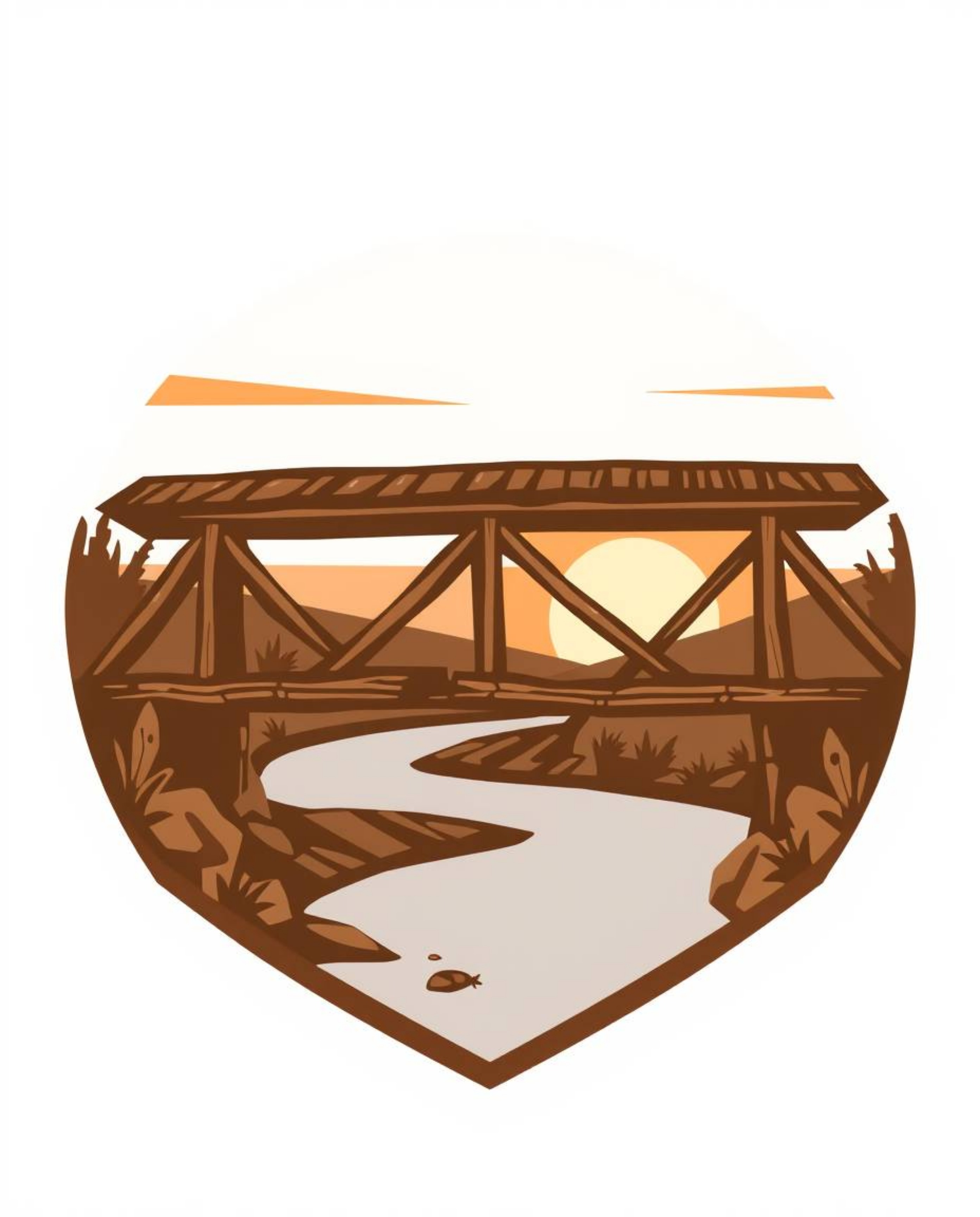 This is a logo design featuring a stylized old wooden bridge over a river at sunset. The concept is executed with geometric s