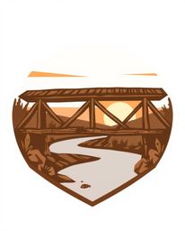 This is a logo design featuring a stylized old wooden bridge over a river at sunset. The concept is executed with geometric s