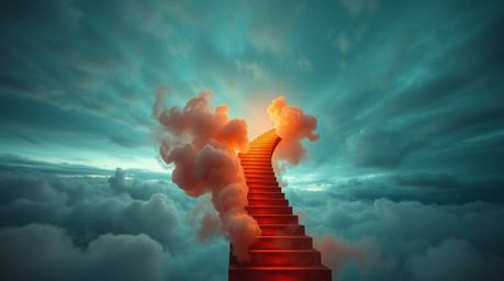 Explore the captivating allure of a fine art photograph featuring a winding stairway crafted from smoke and light, ascending 