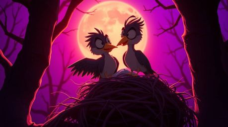 This captivating animation showcases two cartoon birds diligently constructing a nest, bathed in the warm glow of golden hour