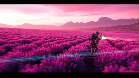 Immerse yourself in a futuristic sci-fi landscape featuring vibrant lavender fields illuminated beneath a dreamy pink sky. Th