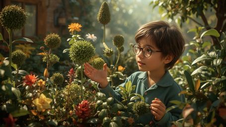 A highly detailed, high-resolution stock photo featuring a young, bespectacled homeschooled genius, reminiscent of Pixar char