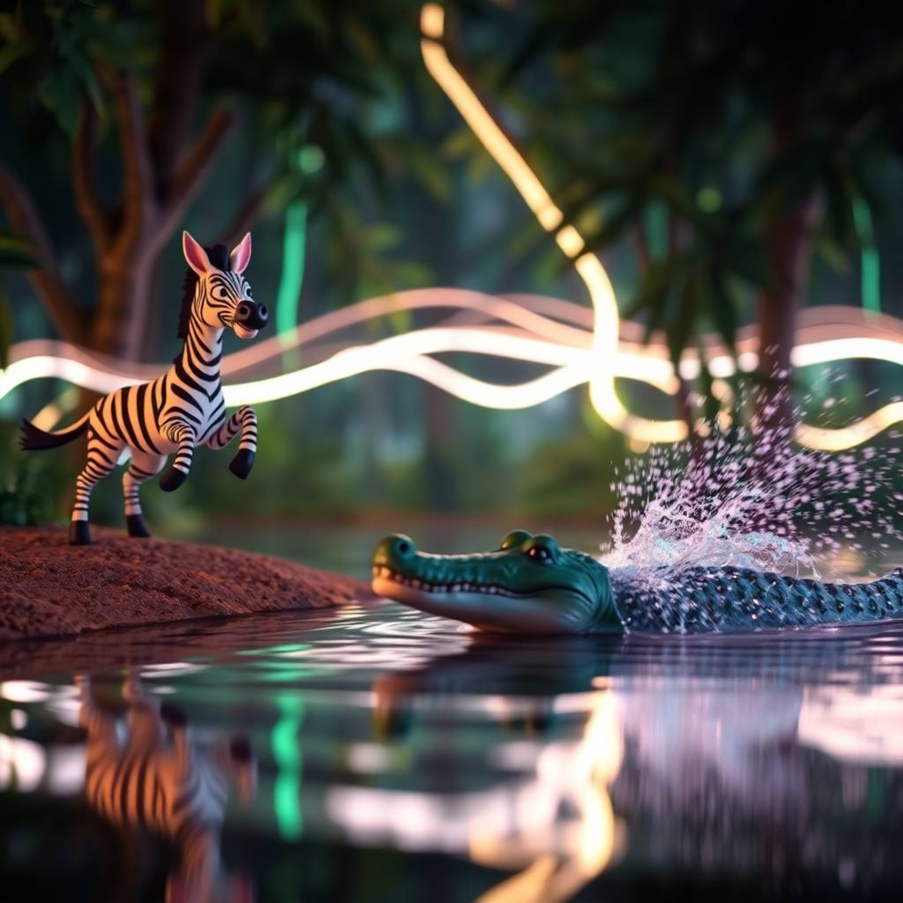 A captivating long exposure photograph presents a 3D cartoon zebra and crocodile within a vibrant jungle environment. The zeb