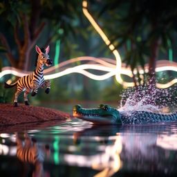 A captivating long exposure photograph presents a 3D cartoon zebra and crocodile within a vibrant jungle environment. The zeb