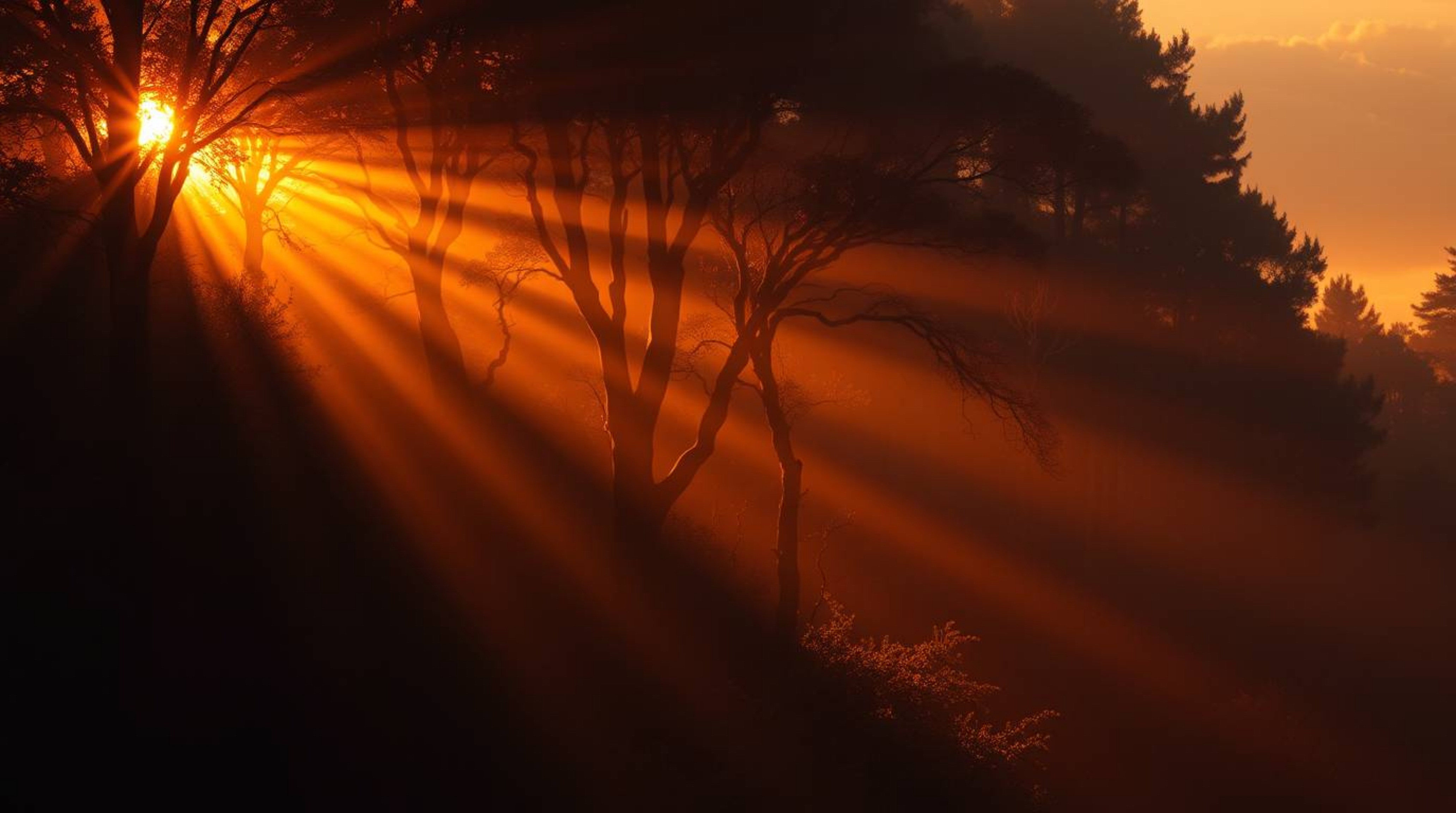 Experience the magic of a digital painting depicting a dramatic cinematic scene.  Warm golden hour light filters through a de