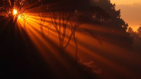 Experience the magic of a digital painting depicting a dramatic cinematic scene.  Warm golden hour light filters through a de