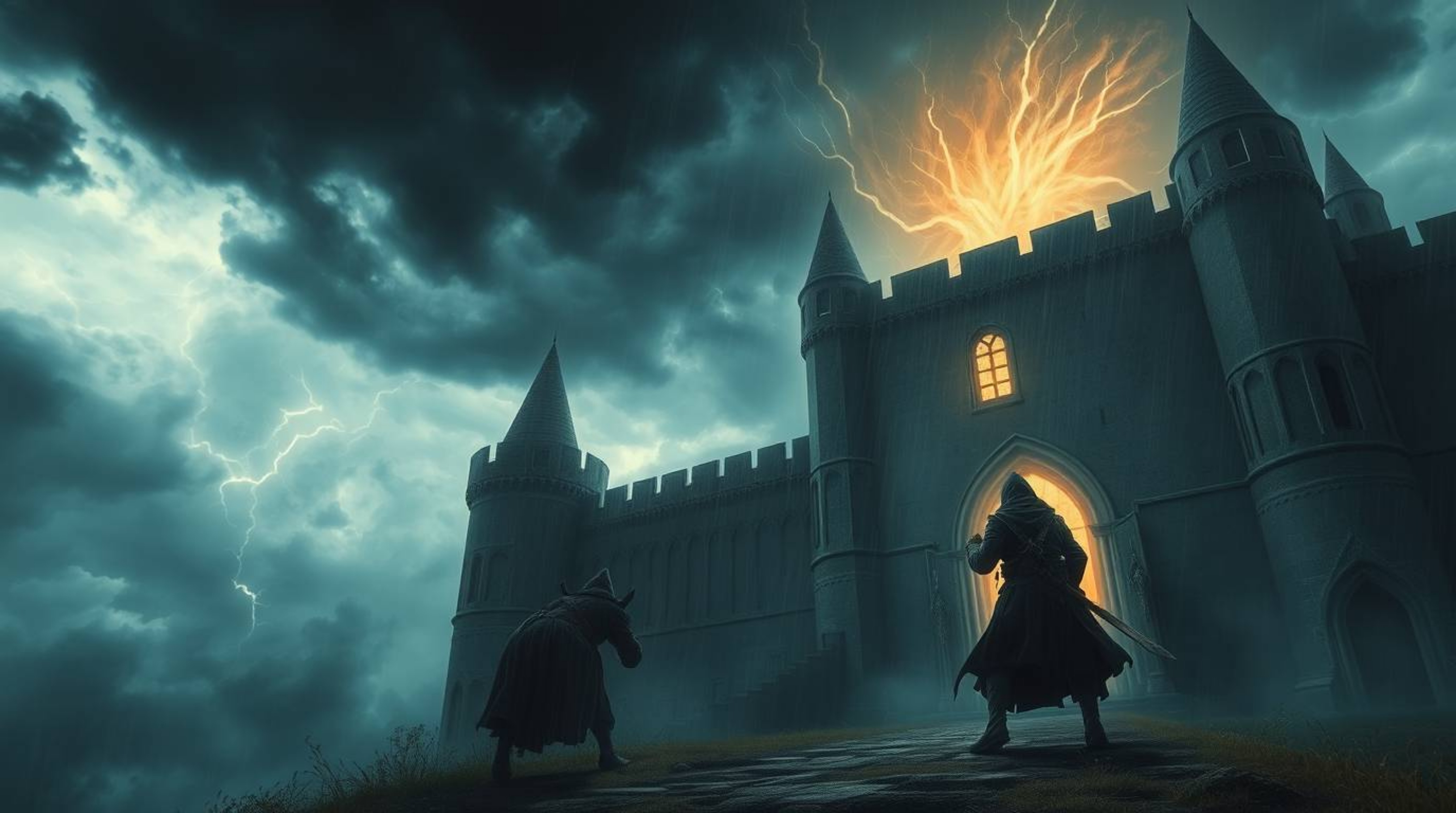 A thief infiltrates a heavily guarded castle under intense, dramatic weather, creating an ethereal and spiritual vibe. The st
