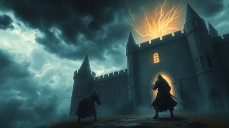 A thief infiltrates a heavily guarded castle under intense, dramatic weather, creating an ethereal and spiritual vibe. The st