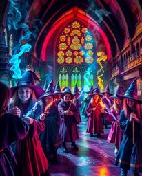 Discover a captivating digital artwork showcasing a magical school brimming with young wizards.  Rendered in electric, vivid 