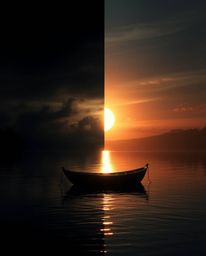 A digitally rendered image depicts a boat on a sunset lake, uniquely split into two distinct sections. The left half is portr