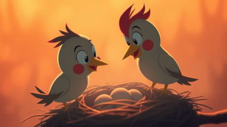This image features two cartoon birds diligently building a nest in the classic animation style, presented with a warm, soft