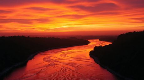 A stunning photograph capturing a winding river illuminated under a dramatic orange-pink sky during the golden hour. Bathed i
