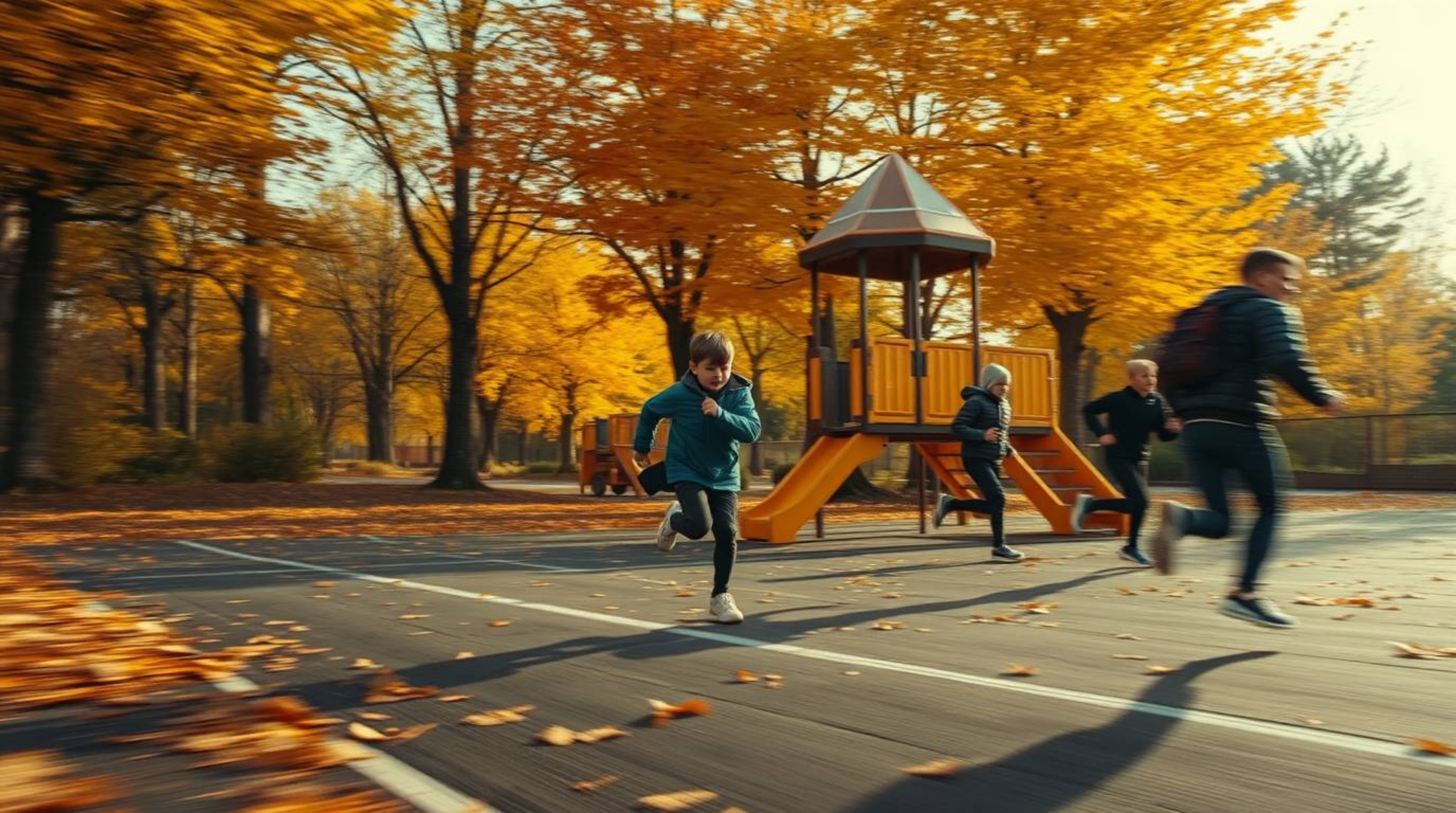 Experience a dramatic slow-motion run through a futuristic playground bathed in warm autumn hues. This visually stunning 16:9