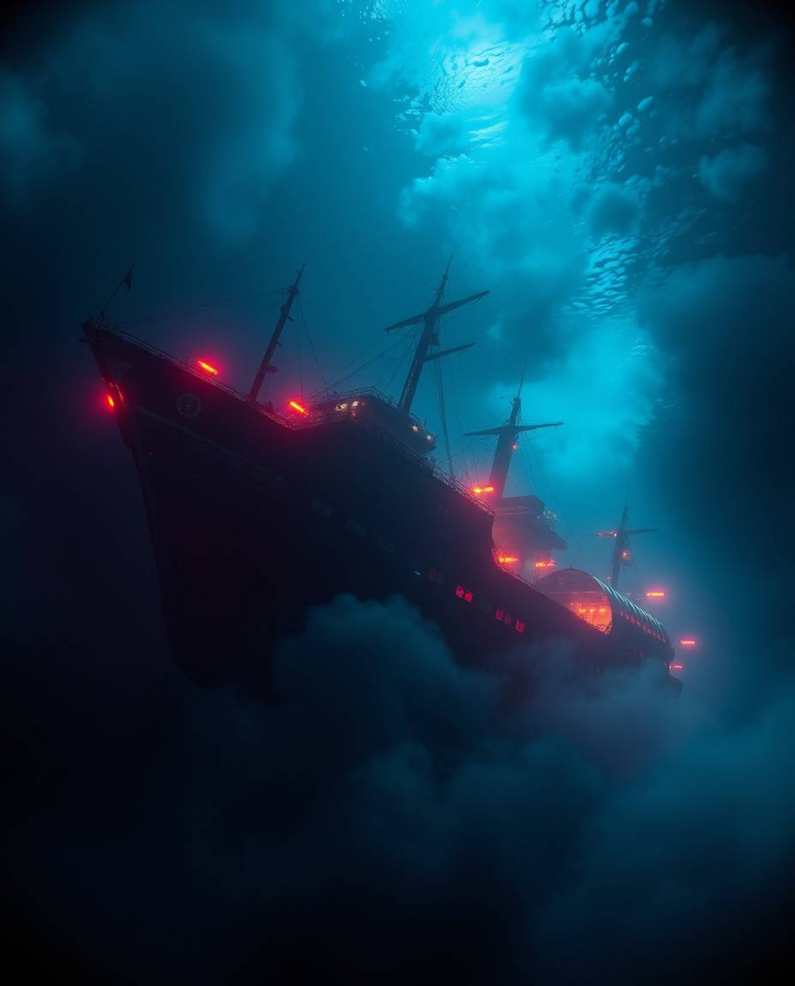 A stunningly rendered underwater shipwreck scene, bathed in rich burgundy and deep blue hues, evokes a modern, futuristic aes